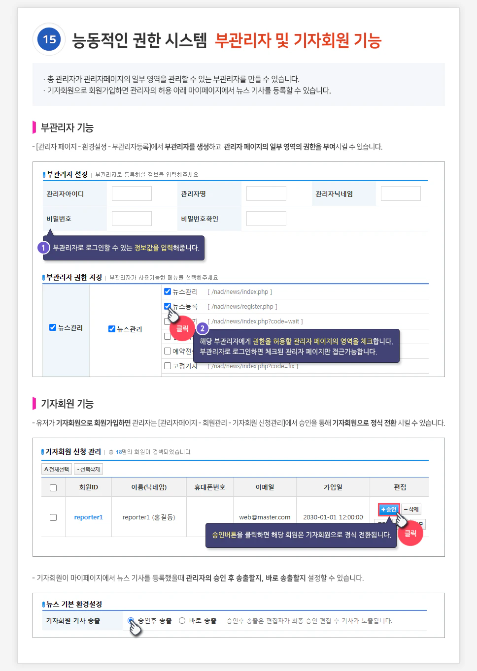 능동적인 권한 시스템 부관리자 및 기자회원 기능