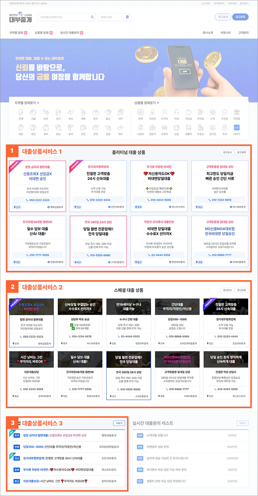 대출중개 대부중개 홈페이지  등급별 상품