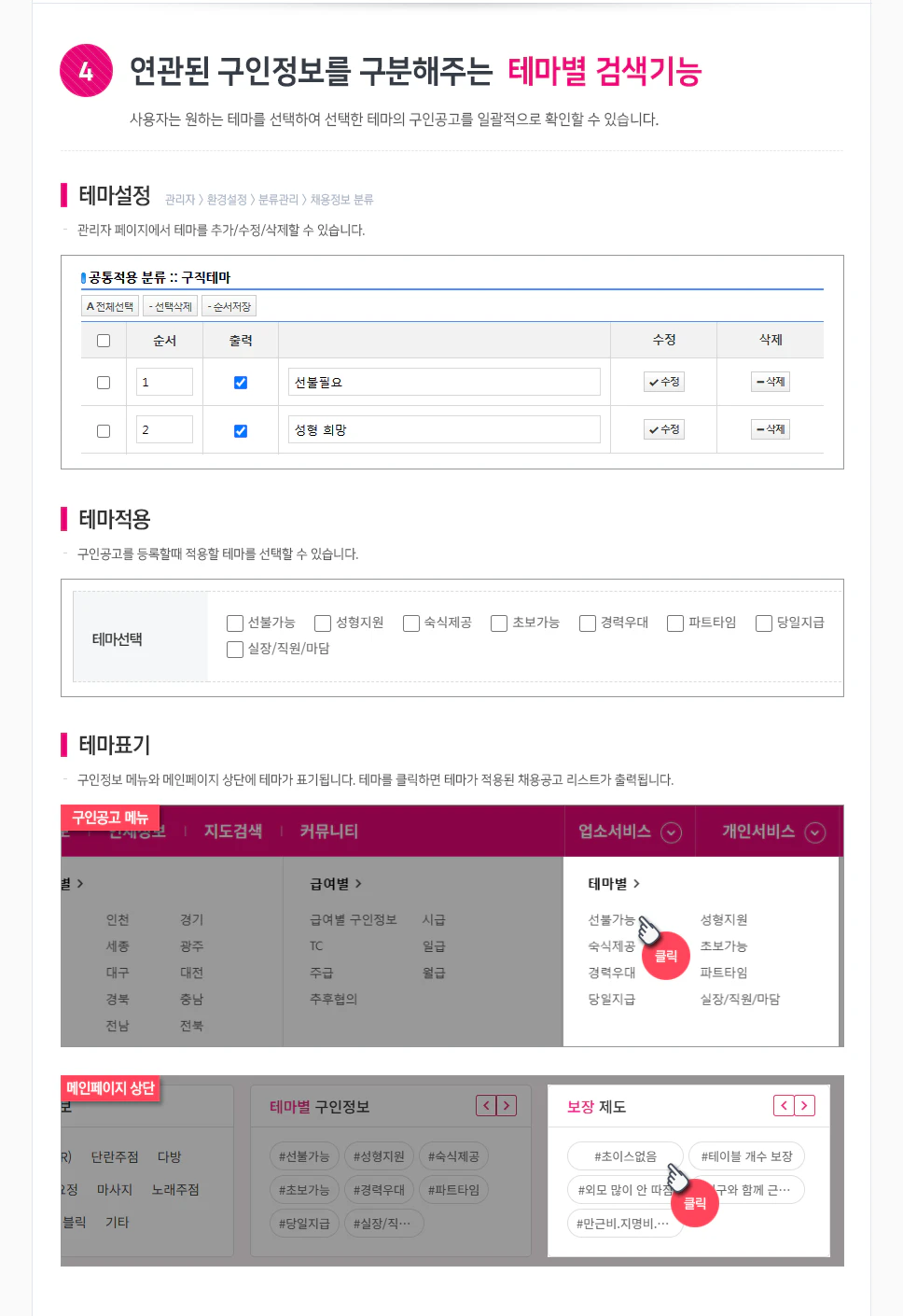 연관된 구인정보를 구분해주는 테마별 검색기능